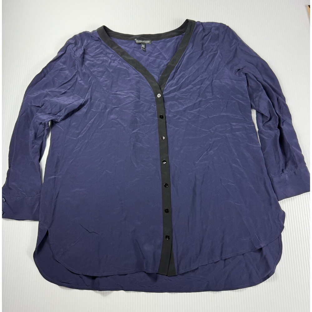 Eileen Fisher Button-Up Top Blouse Long Sleeve Career Casual Navy‎ M